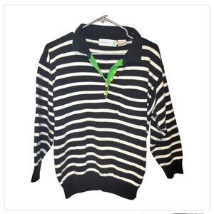 Hunt Club Black White Striped Knit Polo Sweater Womens L Green Buttons